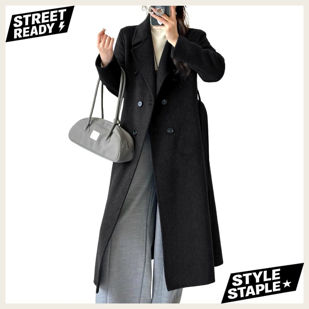 Wool Blend Pea Coat Double Breasted Belted Mid-Calf Overcoat Loose Fit